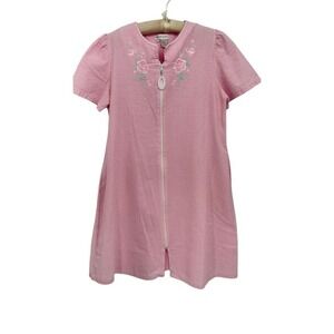 Miss Elaine Women's Pink Striped Kimono Robe M Short Sleeve Zip NOTES - CJ